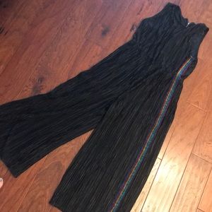 Silky black jumpsuit rainbow stripe